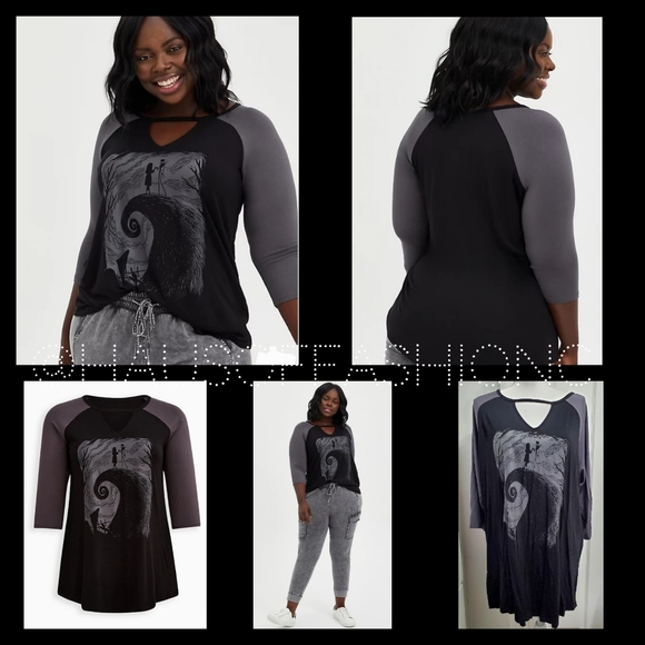 TORRID NMBC Jack Skellington & Sally Patches Choker Neck Raglan Top! NWT! - Picture 2 of 7